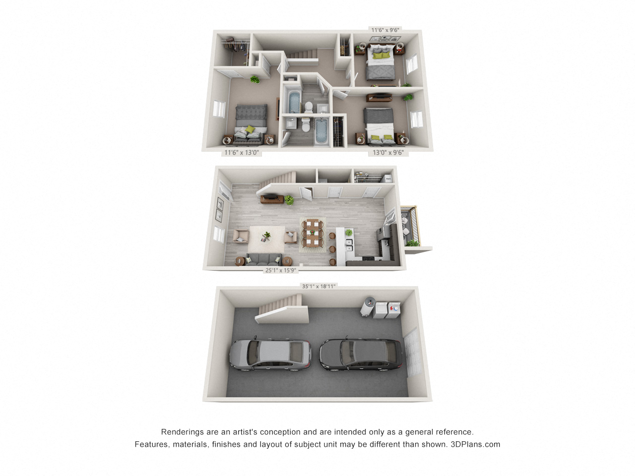 Floor plan for 3 beds, 2.5 baths, 1440 sqft